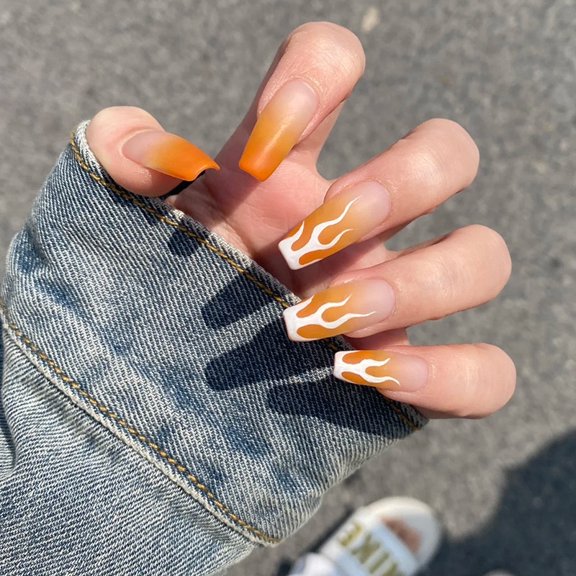 Wear fake nail piece matte orange gradual change nail piece wholesale white flame French wear fake nail piece nail
