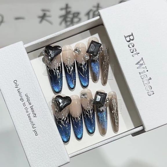 Wear nail advanced sense blue cat's eye French temperament nude nail art magic mirror powder flash love drill fake nail piece