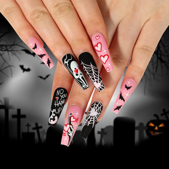 Wear nail black powder matte Halloween nail art love spider web bat ghost nail art piece finished product removable advanced