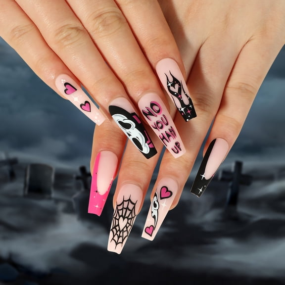 Wear nail finished black powder halloween manicure spider web ghost love flame fake nail press on nai