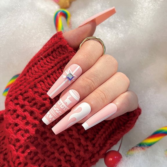 Wear nail pads Elk Christmas fake nails Pink white contrasting rhinestone nail pads Wholesale nail pads