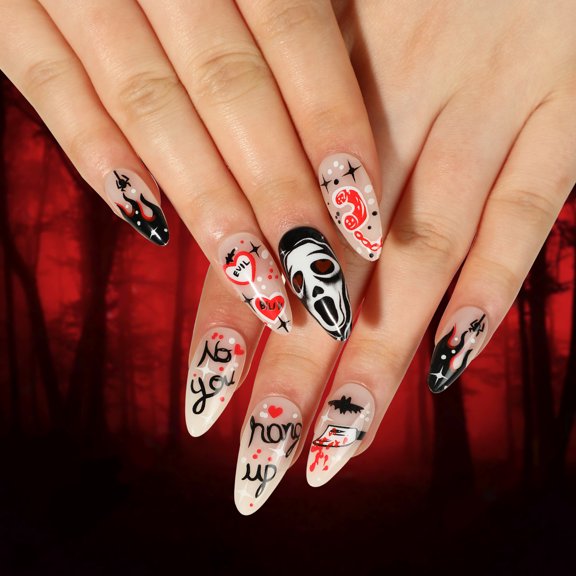 Wear nail pads Halloween manicure black flame French black spider red love skull face manicure finished product