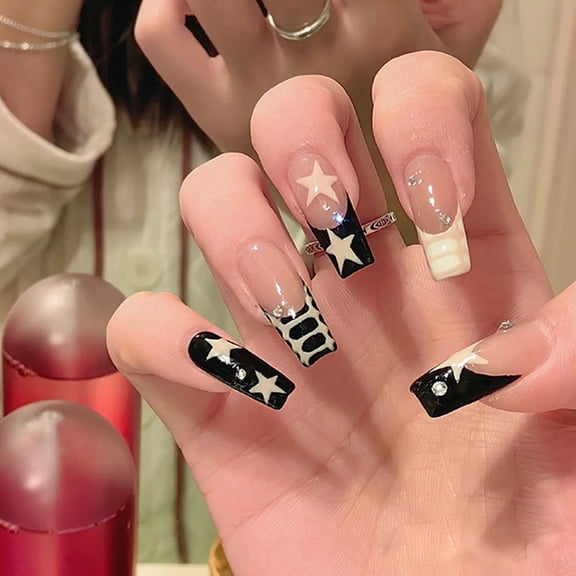 Wear nail piece black milk yellow contrasting color French with milk white star rhinestone fake nail patch nail