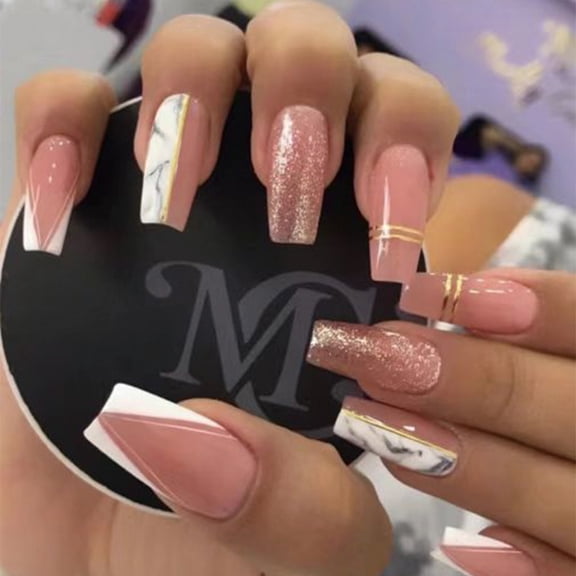 Wear nail piece white edge French manicure piece marble pattern gold thread glitter fake nail patch wholesale nail piece