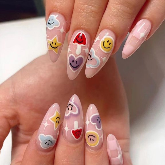Wear nail piece wholesale pink checkerboard nail patch wholesale multi-color smiley face love cloud nail piece wholesale