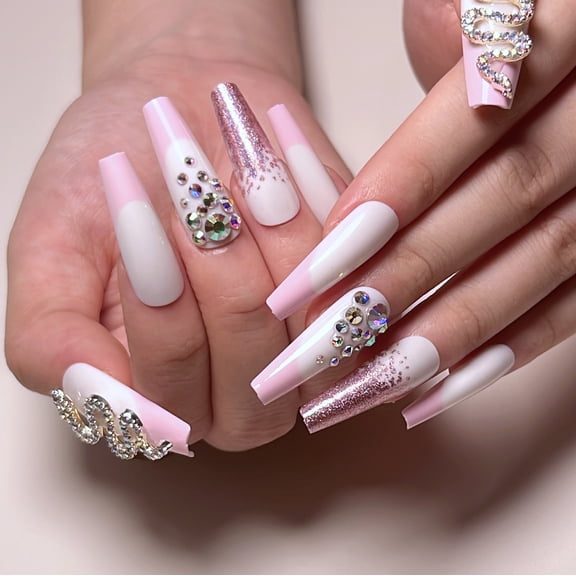 Wear nail wholesale pink French with pink purple glitter and snake rhinestones Wear nail art finished nail pads