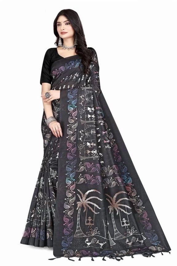 Digital Print, Warli Print, Blocked Printed, Floral Print, Geometric Print, Graphic Print, Self Design Ikkat Tussar Silk, Cotton Silk Saree