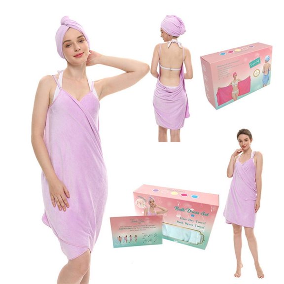 Wearable Bath Towel Absorbent Microfiber Hair Drying Caps and Camisole Towel Set for Ages