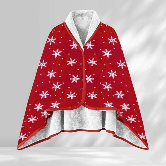 Wearable Blanket for Adult Women, Cozy Plush Fleece Blanket Poncho Cape with Hood, Super Soft Shawl, Angel Wrap Throw for Office, Snowflake Red 100*140cm