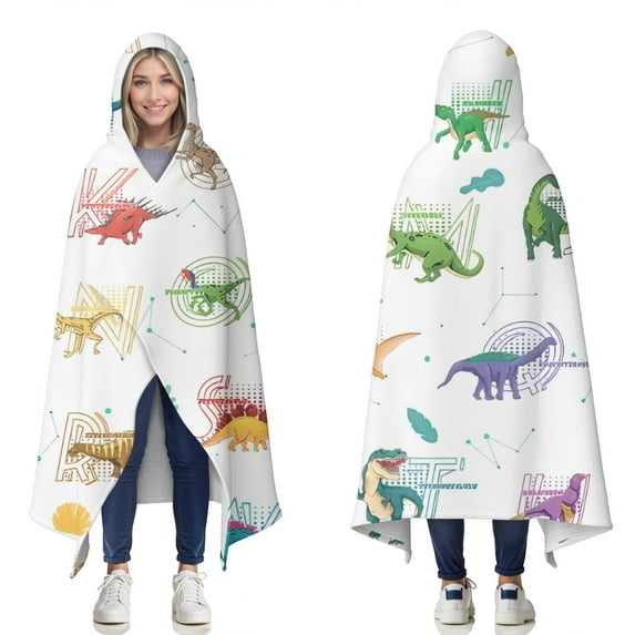 Wearable Blanket,Alphabet Dinosaur Names Chart Pattern Hooded Wearable Sherpa Blanket for Adults & Teens,Winter Poncho Shawl Wrap Cape Thick Warm,50"x60"