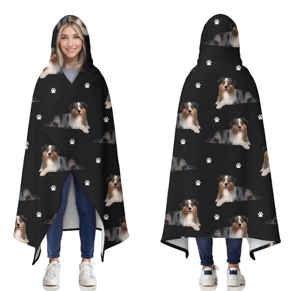 Wearable Blanket,Australian Shepherd Dog and Footprints Hooded Wearable Sherpa Blanket for Adults & Teens,Winter Poncho Shawl Wrap Cape Thick Warm,60"x80"