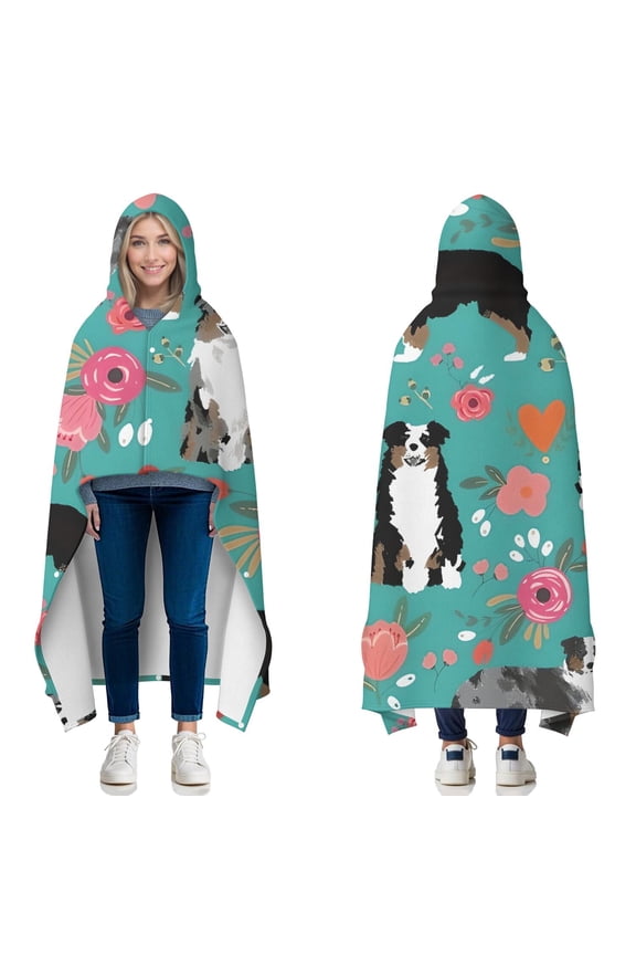 Wearable Blanket,Australian Shepherd Pioneer Flower Hooded Wearable Flannel Blanket for Adults & Teens with Buckle,Winter Poncho Shawl Wrap Cape,50"x60"