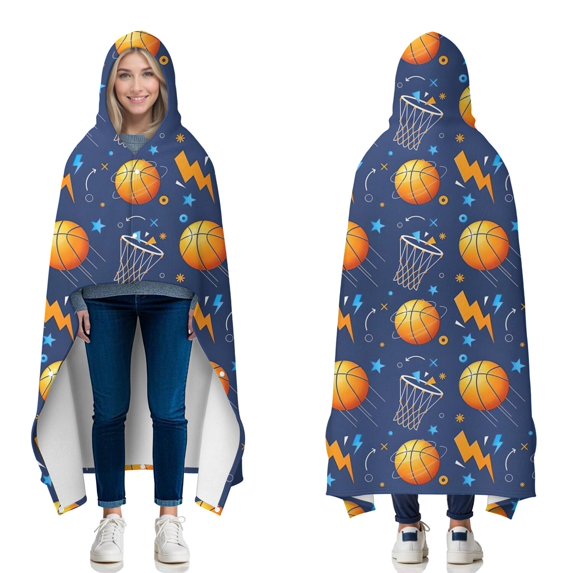 Wearable Blanket,Basketball Theme Pattern Hooded Wearable Flannel Blanket for Adults & Teens with Buckle,Winter Poncho Shawl Wrap Cape,50"x60"
