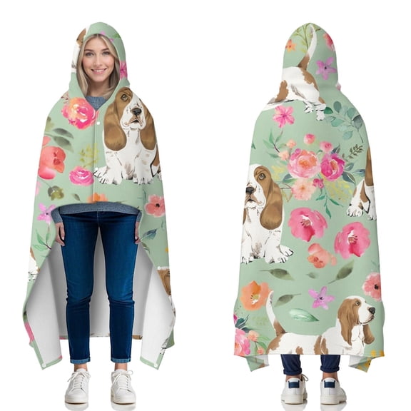 Wearable Blanket,Basset Hound and Pioneer Flower Hooded Wearable Flannel Blanket for Adults & Teens with Buckle,Winter Poncho Shawl Wrap Cape,50"x60"