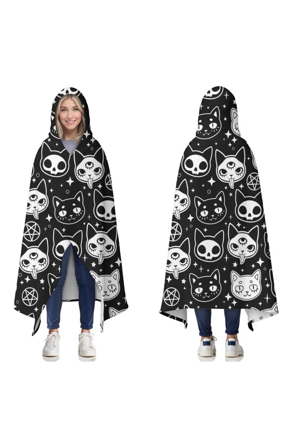 Wearable Blanket,Bat Silhouette Halloween Pattern Hooded Wearable Sherpa Blanket for Adults & Teens,Winter Poncho Shawl Wrap Cape Thick Warm,50"x60"