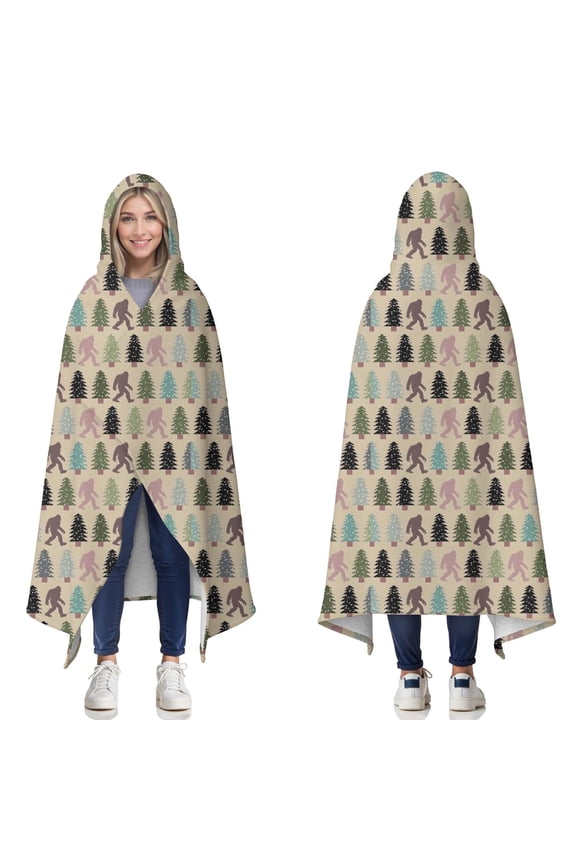 Wearable Blanket,Beige Bigfoot and Pine Tree Pattern Hooded Wearable Sherpa Blanket for Adults & Teens,Winter Poncho Shawl Wrap Cape Thick Warm,50"x60"