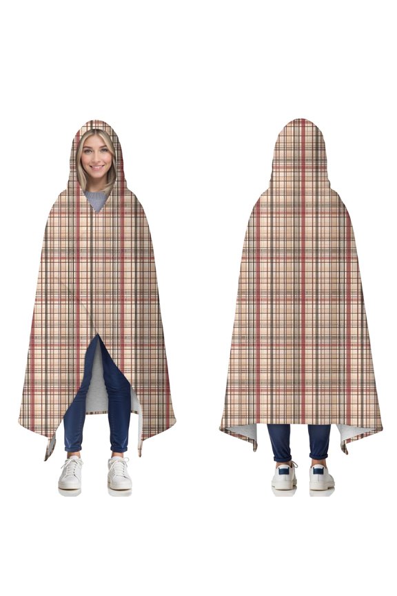 Wearable Blanket,Beige Brown and Red Checkered Pattern Hooded Wearable Sherpa Blanket for Adults & Teens,Winter Poncho Shawl Wrap Cape Thick Warm,60"x80"