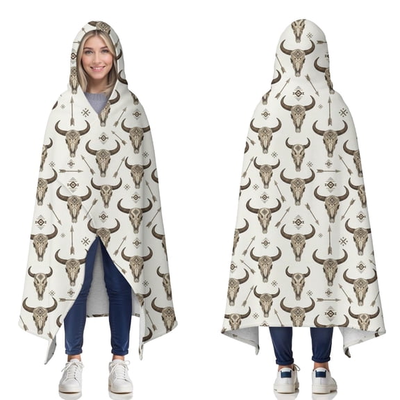 Wearable Blanket,Beige Buffalo Skull Arrow Pattern Hooded Wearable Sherpa Blanket for Adults & Teens,Winter Poncho Shawl Wrap Cape Thick Warm,50"x60"