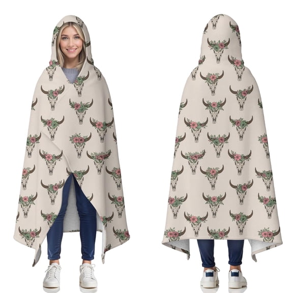 Wearable Blanket,Beige Buffalo Skull Flower Pattern Hooded Wearable Sherpa Blanket for Adults & Teens,Winter Poncho Shawl Wrap Cape Thick Warm,50"x60"