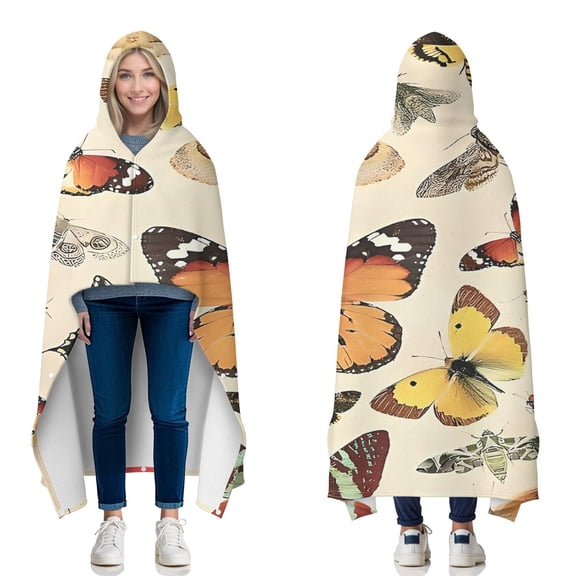 Wearable Blanket,Beige Butterfly Moth Pattern Hooded Wearable Flannel Blanket for Adults & Teens with Buckle,Winter Poncho Shawl Wrap Cape,50"x60"