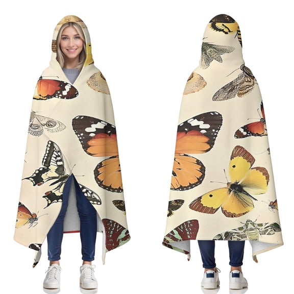 Wearable Blanket,Beige Butterfly Moth Pattern Hooded Wearable Sherpa Blanket for Adults & Teens,Winter Poncho Shawl Wrap Cape Thick Warm,50"x60"