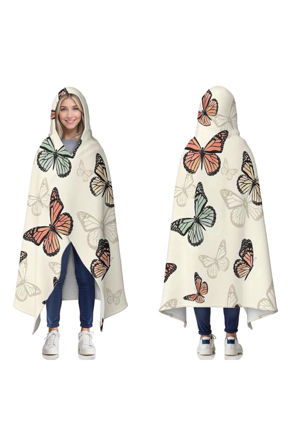 Wearable Blanket,Beige Butterfly Pattern Hooded Wearable Sherpa Blanket for Adults & Teens,Winter Poncho Shawl Wrap Cape Thick Warm,60"x80"