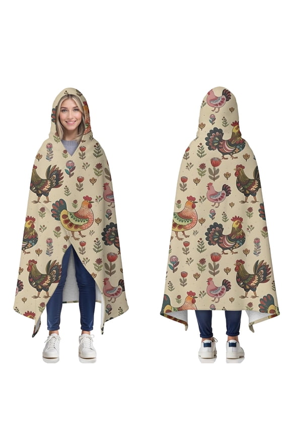 Wearable Blanket,Beige Chicken Folk Pattern Hooded Wearable Sherpa Blanket for Adults & Teens,Winter Poncho Shawl Wrap Cape Thick Warm,60"x80"