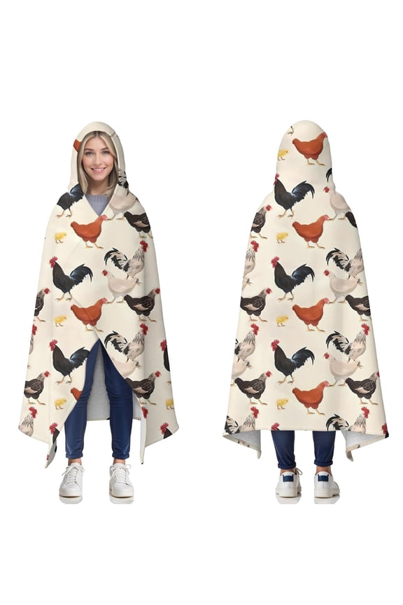 Wearable Blanket,Beige Chicken Pattern Hooded Wearable Sherpa Blanket for Adults & Teens,Winter Poncho Shawl Wrap Cape Thick Warm,60"x80"