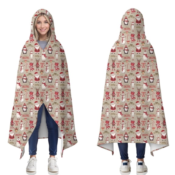 Wearable Blanket,Beige Christmas Character Pattern Hooded Wearable Flannel Blanket for Adults & Teens,Winter Poncho Shawl Wrap Cape Cozy Anti-Pill,50"x60"