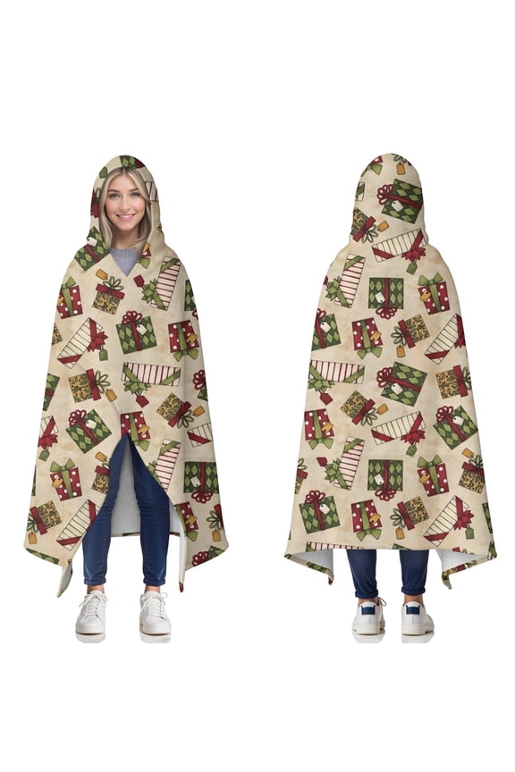 Wearable Blanket,Beige Christmas Gift Pattern Hooded Wearable Sherpa Blanket for Adults & Teens,Winter Poncho Shawl Wrap Cape Thick Warm,60"x80"