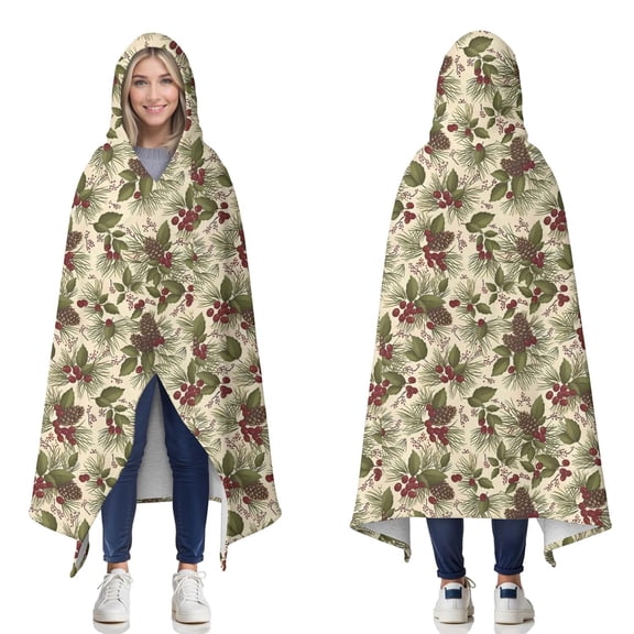 Wearable Blanket,Beige Christmas Pine Cone Pattern Hooded Wearable Sherpa Blanket for Adults & Teens,Winter Poncho Shawl Wrap Cape Thick Warm,60"x80"