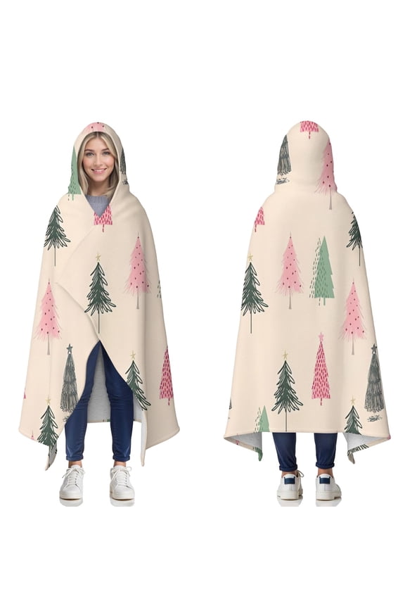 Wearable Blanket,Beige Christmas Tree Pattern Hooded Wearable Sherpa Blanket for Adults & Teens,Winter Poncho Shawl Wrap Cape Thick Warm,50"x60"