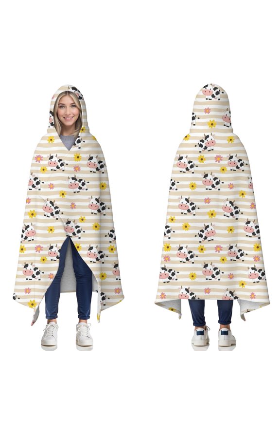 Wearable Blanket,Beige Cow Flower Pattern Hooded Wearable Sherpa Blanket for Adults & Teens,Winter Poncho Shawl Wrap Cape Thick Warm,60"x80"