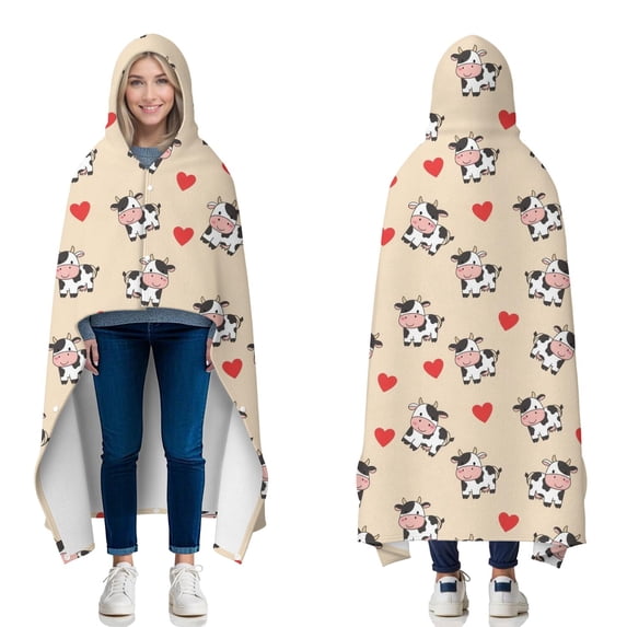 Wearable Blanket,Beige Cow Heart Pattern Hooded Wearable Flannel Blanket for Adults & Teens with Buckle,Winter Poncho Shawl Wrap Cape,60"x80"