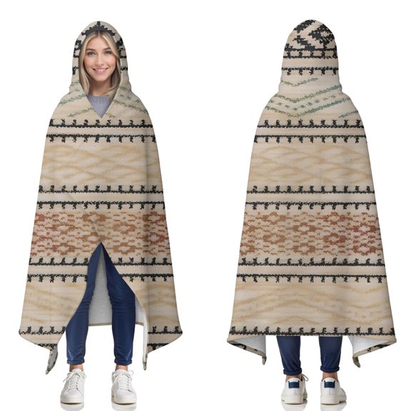 Wearable Blanket,Beige Geometric Diamond Wave Pattern Hooded Wearable Sherpa Blanket for Adults & Teens,Winter Poncho Shawl Wrap Cape Thick Warm,60"x80"
