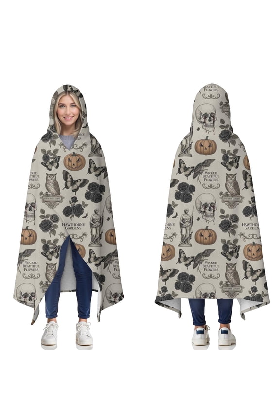 Wearable Blanket,Beige Gothic Skull Pumpkin Rose Pattern Hooded Wearable Sherpa Blanket for Adults & Teens,Winter Poncho Shawl Wrap Cape Thick Warm,60"x80"
