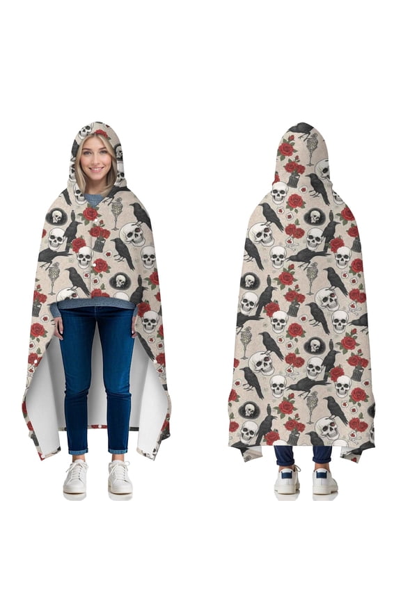 Wearable Blanket,Beige Gothic Skull Rose Crow Pattern Hooded Wearable Flannel Blanket for Adults & Teens with Buckle,Winter Poncho Shawl Wrap Cape,50"x60"