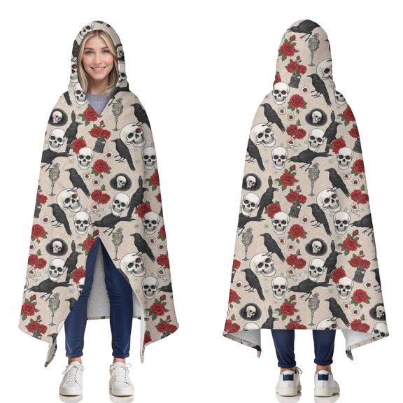 Wearable Blanket,Beige Gothic Skull Rose Crow Pattern Hooded Wearable Sherpa Blanket for Adults & Teens,Winter Poncho Shawl Wrap Cape Thick Warm,50"x60"
