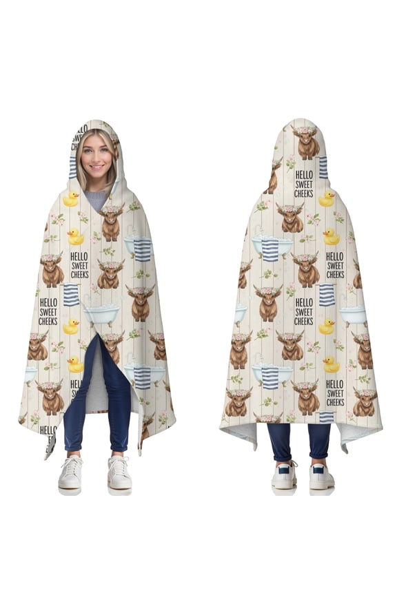 Wearable Blanket,Beige Highland Cow Bathtub Flower Pattern Hooded Wearable Sherpa Blanket for Adults & Teens,Winter Poncho Shawl Wrap Cape Thick Warm,50"x60"