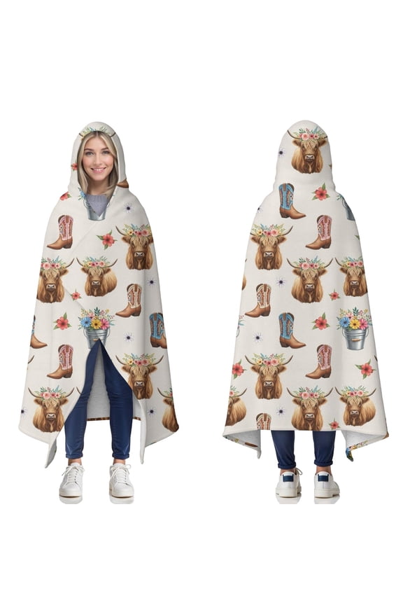 Wearable Blanket,Beige Highland Cow Boot Flower Pattern Hooded Wearable Sherpa Blanket for Adults & Teens,Winter Poncho Shawl Wrap Cape Thick Warm,60"x80"