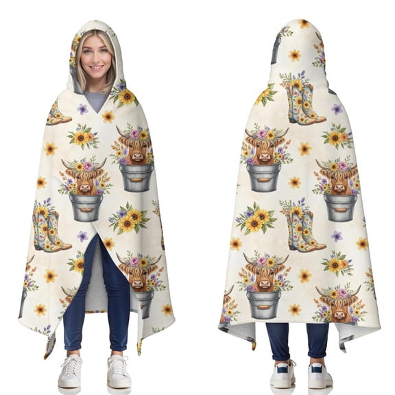 Wearable Blanket,Beige Highland Cow Bucket Boot Flower Pattern Hooded Wearable Sherpa Blanket for Adults & Teens,Winter Poncho Shawl Wrap Cape Thick Warm,50"x60"