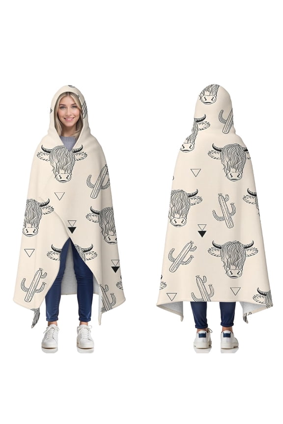 Wearable Blanket,Beige Highland Cow Cactus Triangle Pattern Hooded Wearable Sherpa Blanket for Adults & Teens,Winter Poncho Shawl Wrap Cape Thick Warm,50"x60"