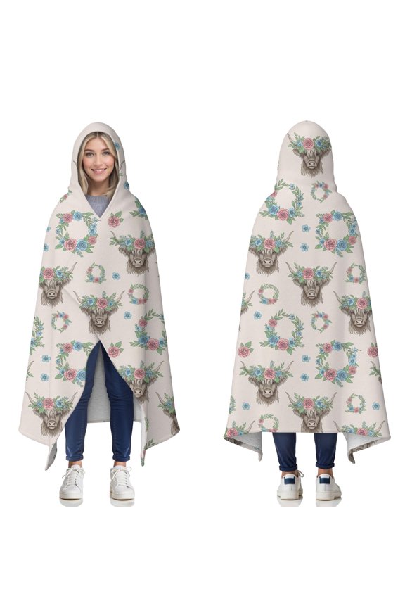 Wearable Blanket,Beige Highland Cow Flower Wreath Pattern Hooded Wearable Sherpa Blanket for Adults & Teens,Winter Poncho Shawl Wrap Cape Thick Warm,60"x80"
