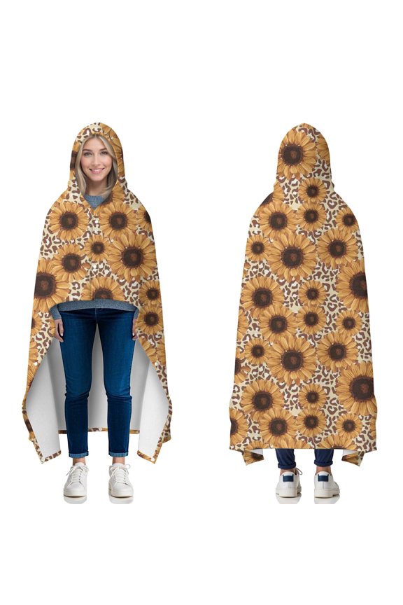 Wearable Blanket,Beige Leopard Sunflower Pattern Hooded Wearable Flannel Blanket for Adults & Teens with Buckle,Winter Poncho Shawl Wrap Cape,50"x60"