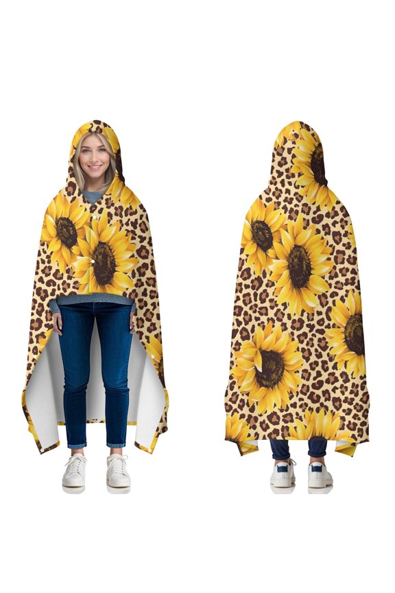 Wearable Blanket,Beige Leopard Sunflower Pattern Hooded Wearable Flannel Blanket for Adults & Teens with Buckle,Winter Poncho Shawl Wrap Cape,50"x60"
