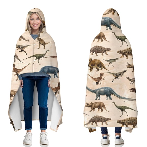 Wearable Blanket,Beige Realistic Dinosaurs Pattern Hooded Wearable Flannel Blanket for Adults & Teens with Buckle,Winter Poncho Shawl Wrap Cape,50"x60"