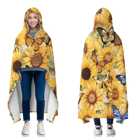 Wearable Blanket,Beige Sunflower Butterfly Pattern Hooded Wearable Flannel Blanket for Adults & Teens with Buckle,Winter Poncho Shawl Wrap Cape,60"x80"
