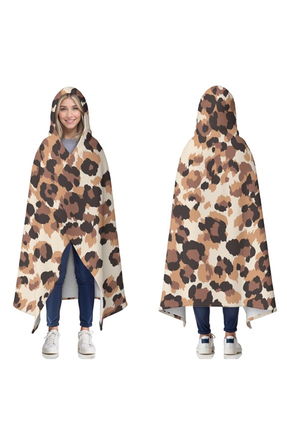 Wearable Blanket,Beige and Brown Leopard Pattern Hooded Wearable Sherpa Blanket for Adults & Teens,Winter Poncho Shawl Wrap Cape Thick Warm,50"x60"