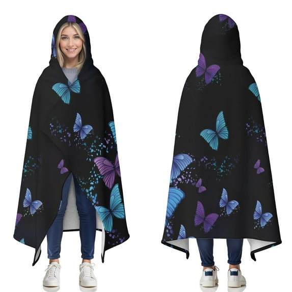 Wearable Blanket,Black Blue Purple Butterfly Pattern Hooded Wearable Sherpa Blanket for Adults & Teens,Winter Poncho Shawl Wrap Cape Thick Warm,60"x80"