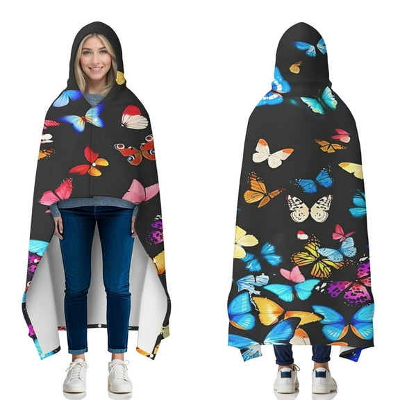 Wearable Blanket,Black Blue Yellow Butterfly Pattern Hooded Wearable Flannel Blanket for Adults & Teens with Buckle,Winter Poncho Shawl Wrap Cape,60"x80"
